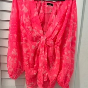 Boohoo Hot Pink Tie-Front Sheer Blouse